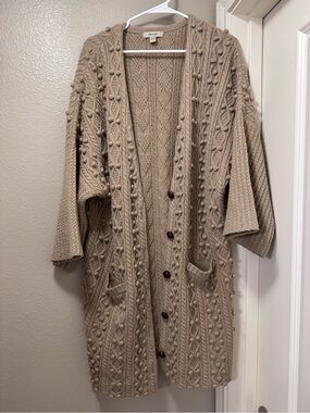 100% Wool Faconnable Beige Bobble Cable Knit Button-Front Cardigan